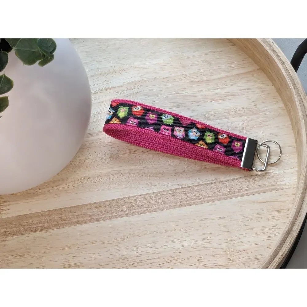 Owl Keychain Wristlet Fabric Key FOB  Gift Present New Driver Colorful Owls Hoot